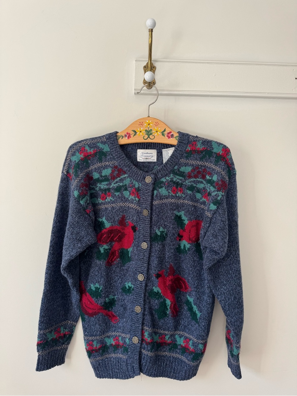 Wool & Cotton Vintage Cardinal & Floral Cardigan Sweater